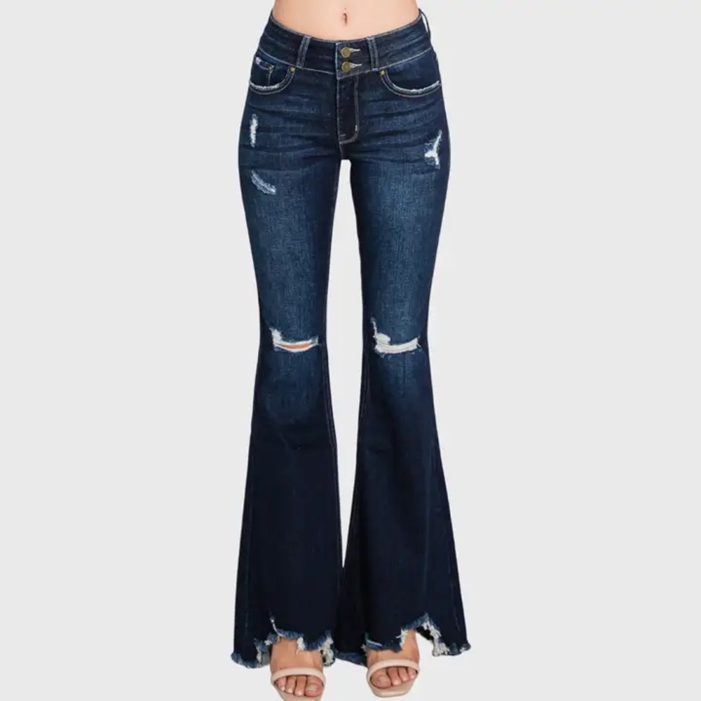 Dark Blue Distressed Flare Jeans - Women's Wide Leg